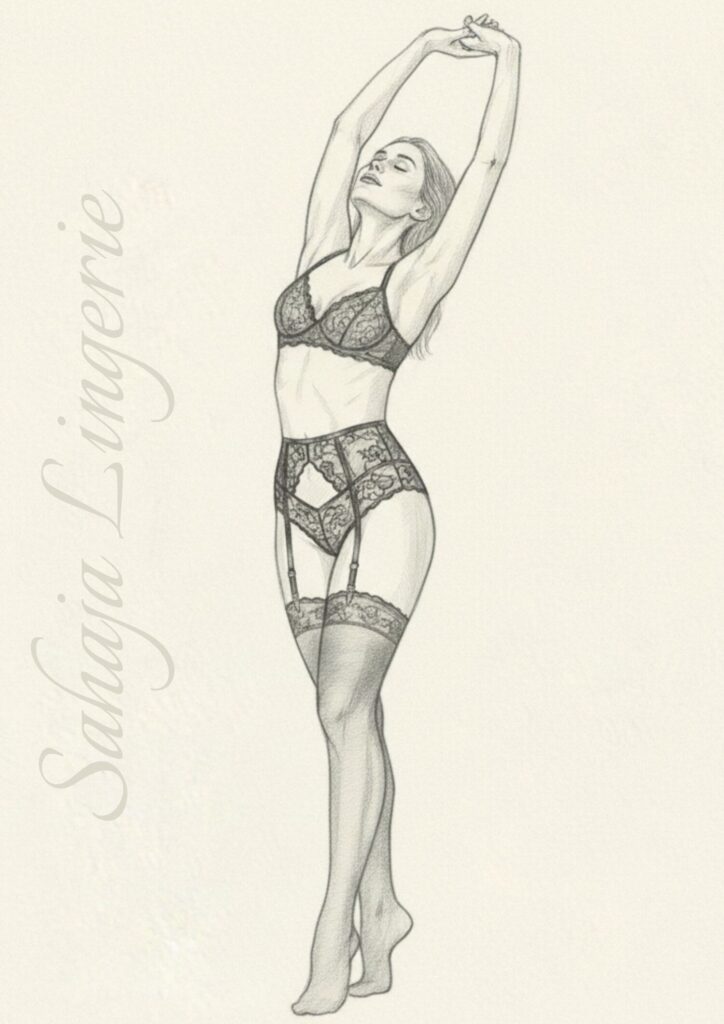 Szkic krawiecki sylwetki kobiety z zaznaczonymi punktami pomiaru dla majtek i pasa do pończoch marki Sahaja Lingerie.